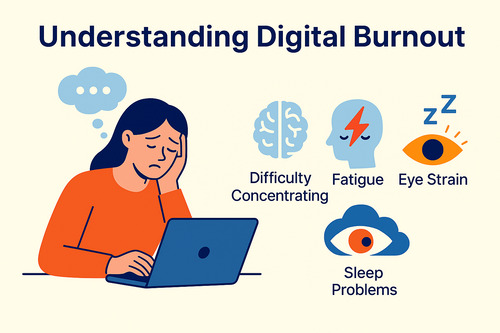 Flat illustration of a tired person using a laptop surrounded by icons for fatigue, eye strain, difficulty concentrating, and sleep problems, representing common symptoms of digital burnout.