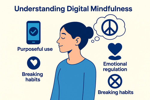 Illustration of a calm person surrounded by icons representing digital mindfulness core principles such as purposeful use, emotional regulation, and breaking habits.