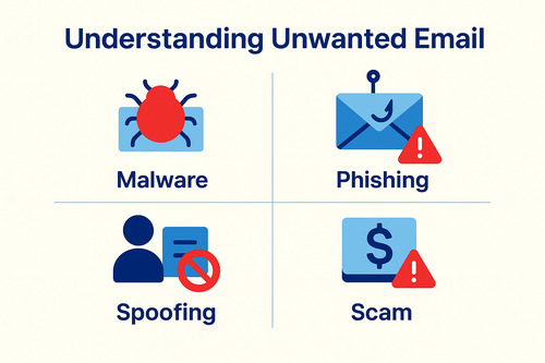Flat infographic titled “Understanding Unwanted Email” with four icons showing malware, phishing, spoofing, and scam emails in blue and red tones on a light background.