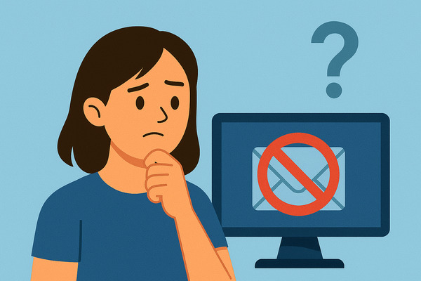 flat illustration showing a woman looking thoughtfully at a computer screen with a blocked email symbol, representing how to block unwanted emails.