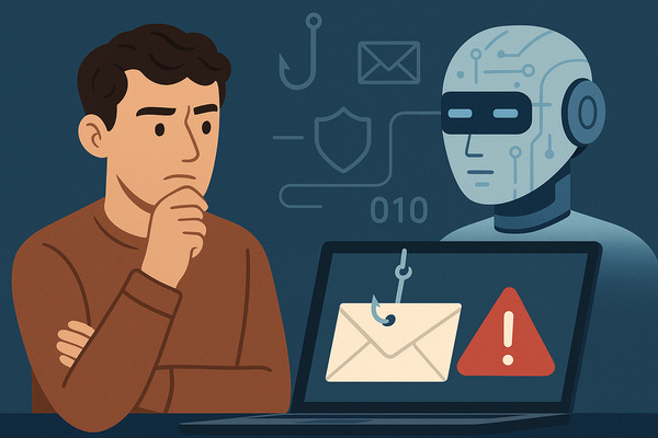 ai-phishing-detection-email-security Illustration of AI phishing detection showing a thoughtful user and an AI system analyzing a suspicious email to enhance email security.