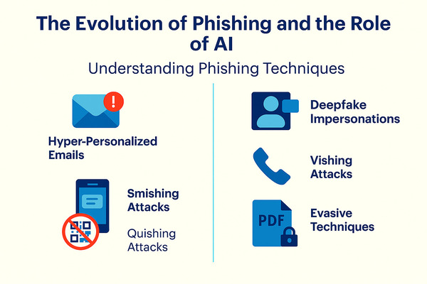 Infographic illustrating AI phishing detection, showing modern phishing techniques such as deepfake impersonations, smishing, vishing, quishing, and evasive tactics to explain how artificial intelligence is changing email security.