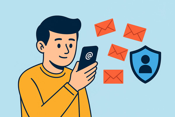 Illustration of a man using his smartphone to protect his inbox with Apple’s Hide My Email feature, with floating email icons and a privacy shield symbol