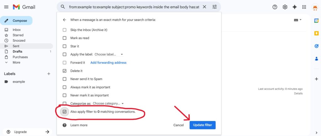 This is a screenshot of applying the filter to existing emails gmail for the article How to Delete Old Emails in Gmail Automatically