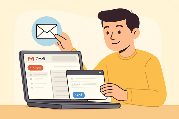 attach-email-gmail Illustration showing How to Attach an Email in Gmail, with a user adding an email as an attachment inside the Gmail compose window.