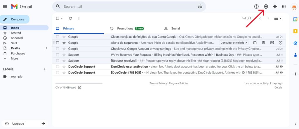 This is a screenshot of the first step on how to delete emails on gmail web via Filters and Blocked Addresses for the article : How to Block Emails on Gmail (Web and Mobile Guide)