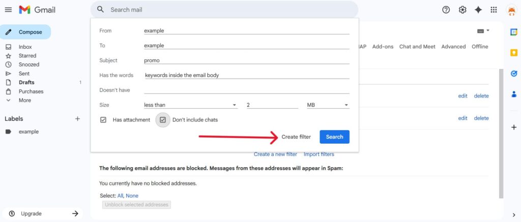 This is a screenshot of the fourth step on how to delete emails on gmail web via Filters and Blocked Addresses for the article : How to Block Emails on Gmail (Web and Mobile Guide)