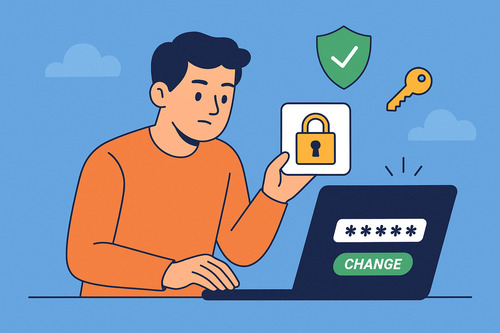 Illustration of a person updating their passwords after opening a phishing PDF, showing a laptop with a password change screen, a padlock icon, and security symbols representing stronger account protection.