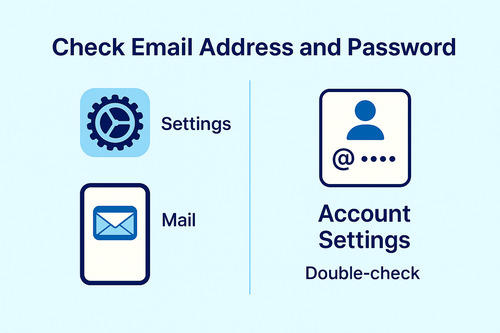 Infographic showing how to check your email address and password on an iPhone by navigating through Settings, Mail, and Account Settings to fix emails not downloading issues.