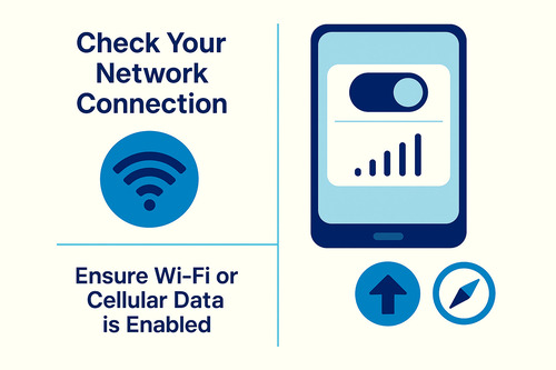 Infographic showing how to check your network connection on an iPhone, including Wi-Fi and cellular data toggles and a Safari icon, illustrating the first step to fix emails not downloading on iPhone.