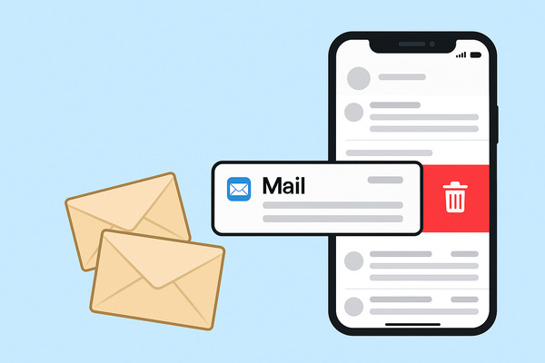 delete-emails-on-iphone-step-by-step-guide Illustration showing an iPhone deleting an email using the Mail app, representing how to delete emails on iPhone step by step