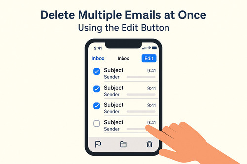 Illustration showing how to delete multiple emails on an iPhone using the Edit button, with several messages selected and a hand tapping the trash icon