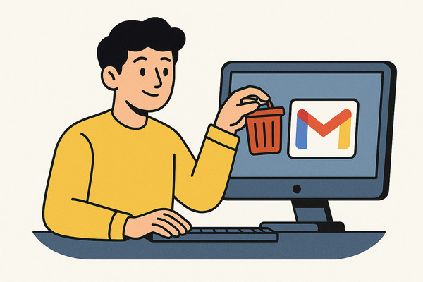Animated flat-style illustration of a person deleting old Gmail messages on a computer screen, showing a Gmail icon and a trash bin, representing how to automatically delete old emails in Gmail.