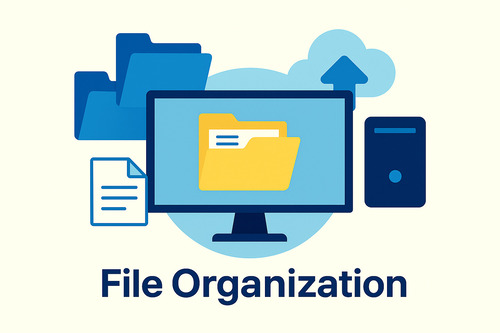 Illustration showing a computer screen, folders, cloud storage, and an external drive, highlighting organized file management and decluttering