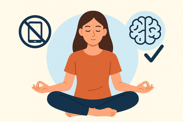 Illustration of a woman meditating during a digital dopamine detox, with a crossed-out phone and a brain icon symbolizing focus and mental balance.