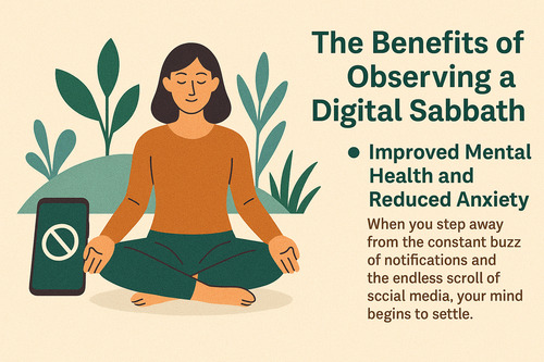 flat illustration showing a person meditating peacefully next to a turned-off phone, symbolizing the mental health benefits and reduced anxiety from observing a Digital Sabbath.