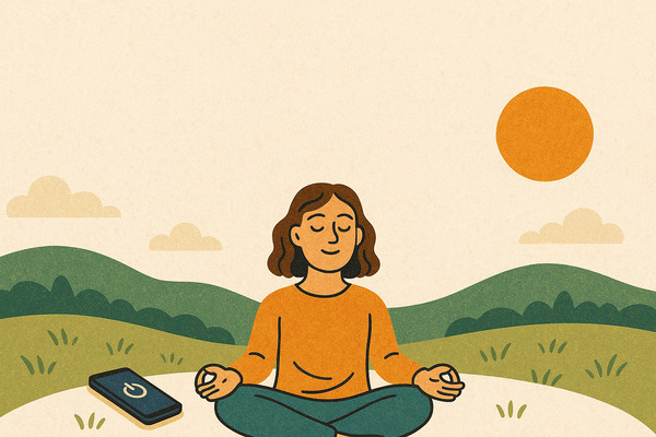 digital-sabbath-meditation-outdoors minimalist illustration of a person meditating outdoors with a phone turned off nearby, representing the concept of a Digital Sabbath and mental reset.