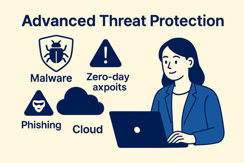 Infographic illustrating advanced threat protection in Email Safeguard Cloud, showing malware, zero-day exploits, phishing threats, and cloud security with a woman using a laptop.