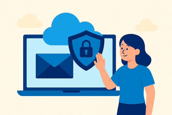 Illustration of a woman interacting with a cloud-based email security shield in front of a laptop, representing how Email Safeguard Cloud protects your inbox.