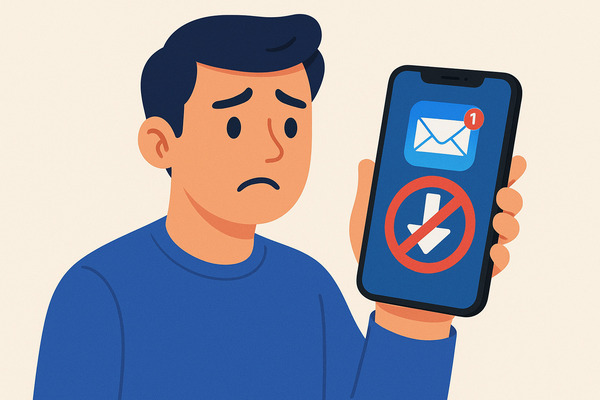 Illustration of a person holding an iPhone showing an email download error symbol, representing the problem of emails not downloading on iPhone and the need for a step-by-step fix.