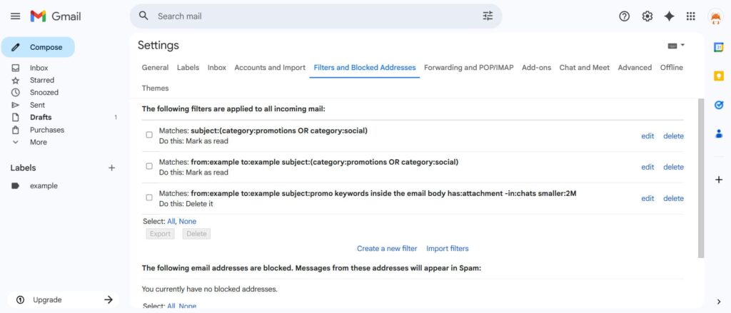 This is a screenshot of the Filters and Blocked Addresses for the article : How to Block Emails on Gmail (Web and Mobile Guide)