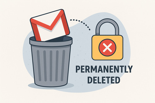 Illustration showing a Gmail account entering permanent deletion, with a Gmail icon in a trash bin and a locked padlock symbol marking that recovery is no longer possible.