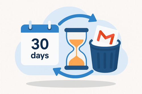 Illustration showing the 30-day Google account recovery window, with a calendar, hourglass, and a Gmail icon emerging from a trash bin to represent restoring a deleted Gmail account.