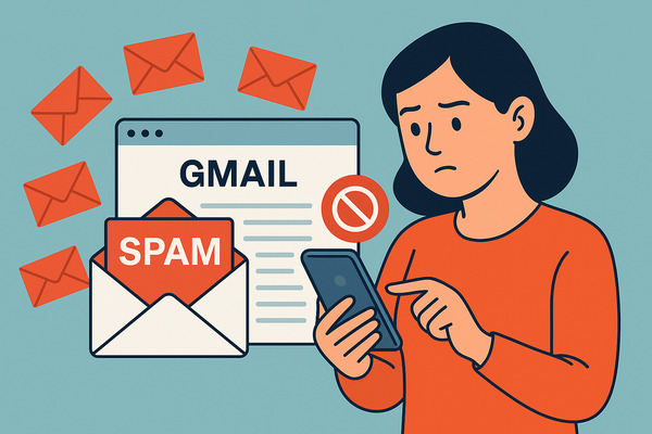 Illustration of a woman blocking unwanted emails on Gmail using her phone, representing how to block emails on Gmail on web and mobile.