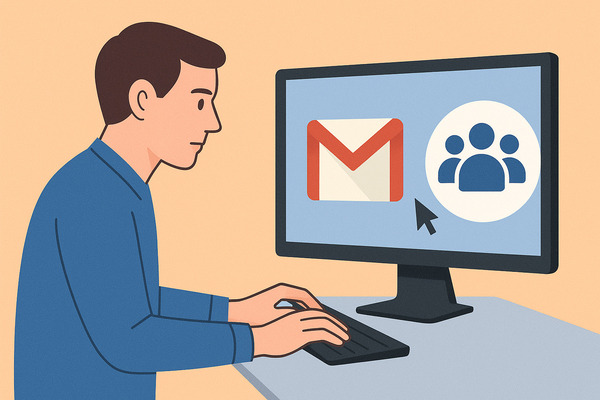 Illustration of a person creating a Gmail group, showing the Gmail logo and a group icon on a computer screen, representing a step-by-step guide on how to create a Gmail group.