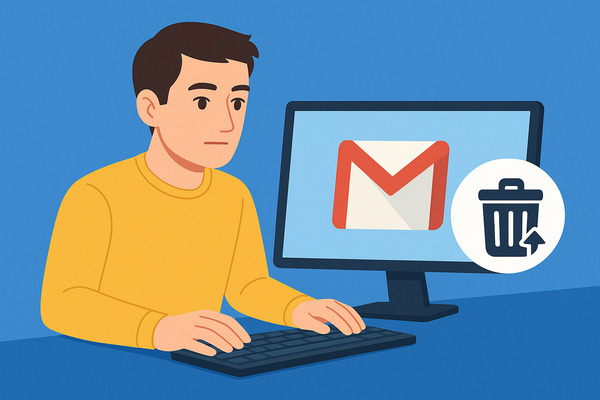 Illustration of a person cleaning up Gmail storage on a computer, with the Gmail logo on the screen and a trash bin icon, representing how to free up space in Gmail fast.