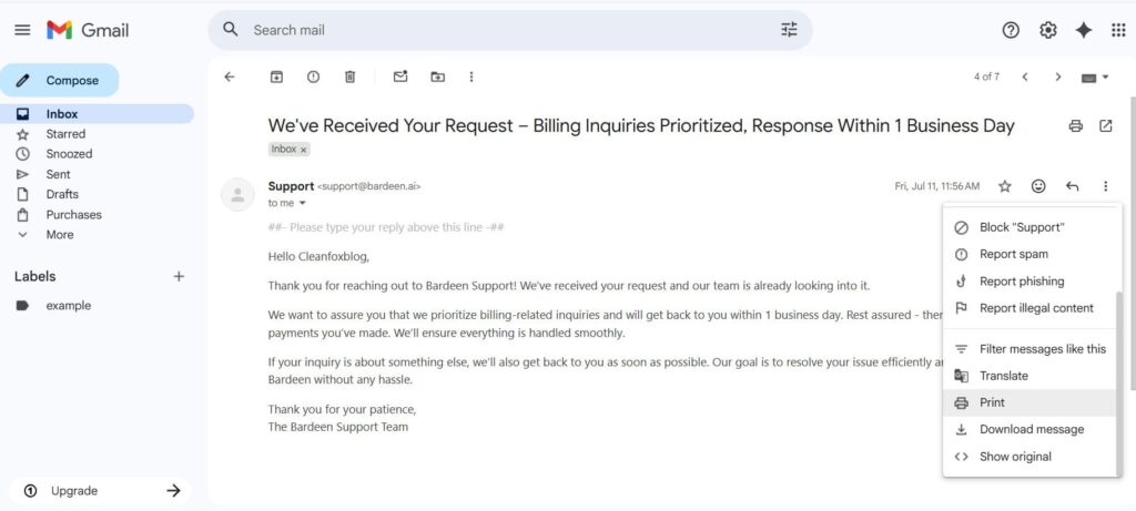 This is a screenshot of how to save a single gmail email as a PDF for the article How to Save Gmail Emails (Step-by-Step Guide)