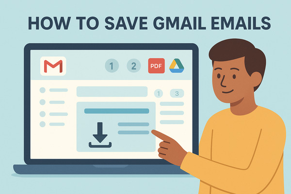 Illustration showing the Gmail interface with download, PDF export, and Google Drive icons, representing how to save Gmail emails in a clear step-by-step process.