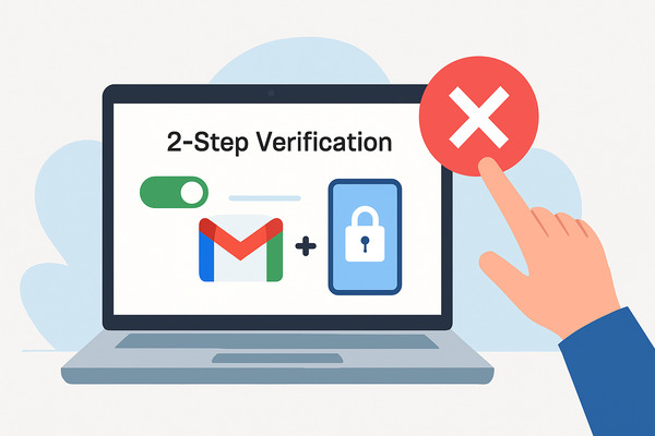 Illustration showing how to turn off 2-step verification in Gmail safely, with a user disabling a security toggle on a laptop.