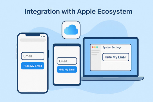 Illustration showing how Apple’s Hide My Email settings work across iPhone, iPad, and Mac to help users stay anonymous and protect their inbox.