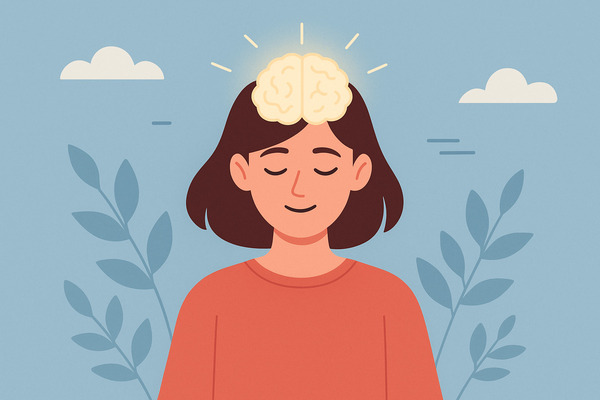 mental-hygiene flat illustration of a calm woman with eyes closed and a glowing brain above her head, symbolizing mental hygiene, clarity, and daily habits for a focused mind