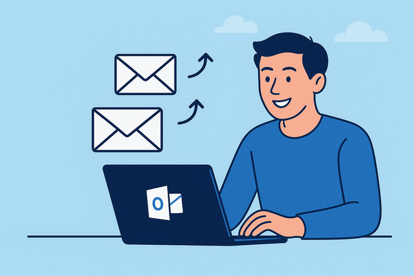 outlook-email-sending-limit Modern flat illustration of a cheerful person using a laptop with the Outlook logo, surrounded by floating email icons, visually representing the topic “How Many Emails Can You Send at Once in Outlook? (2026 Guide)”