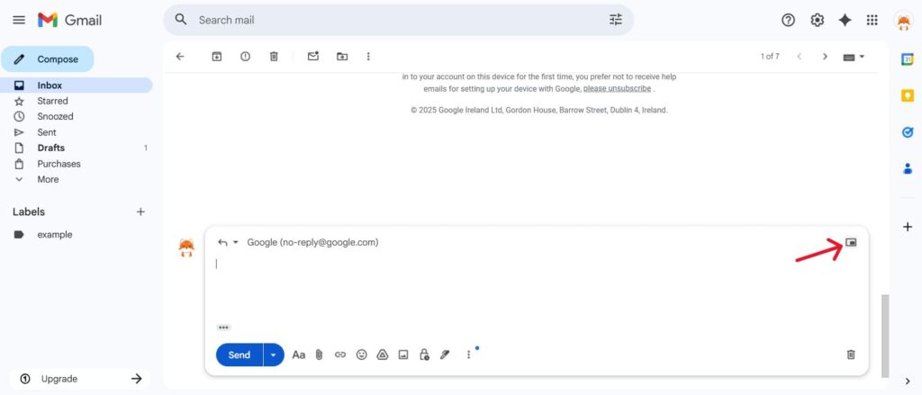 This is a screenshot of the second step on how to use the Pop out reply for the article How to Attach an Email in Gmail (Step-by-Step Guide)