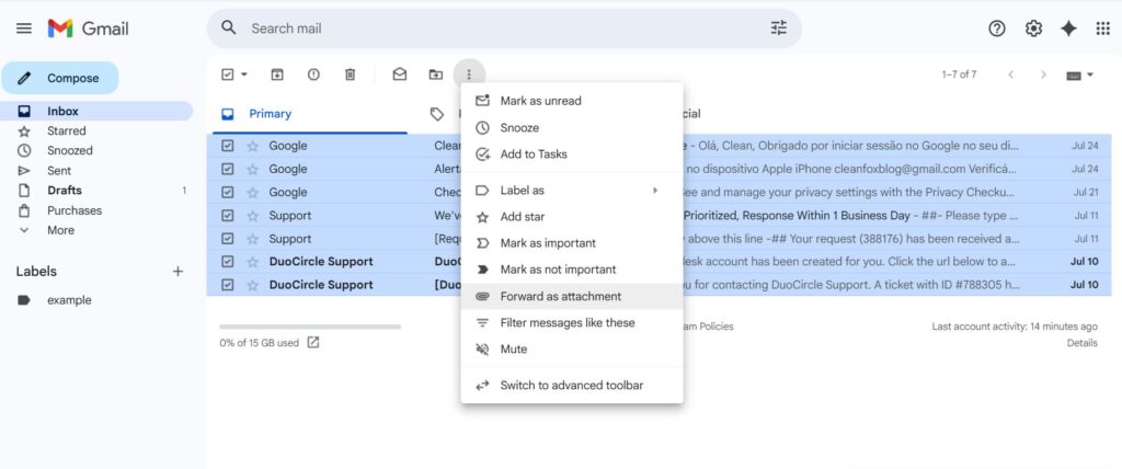 This is a screenshot of how to save multiple emails in gmail for the article How to Save Gmail Emails (Step-by-Step Guide)