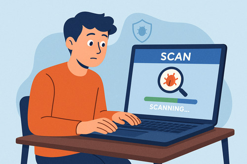 Illustration of a person running an antivirus scan on their laptop after opening a phishing PDF, with a scanning progress bar and malware icons to represent the security check.
