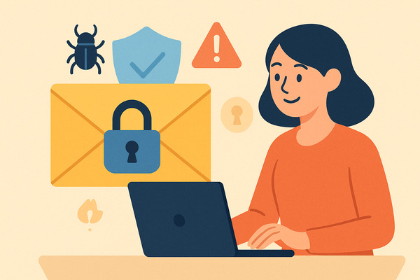illustration of a woman using a laptop surrounded by secure email symbols like an envelope, padlock, and shield, representing private and encrypted secure email services in 2026.
