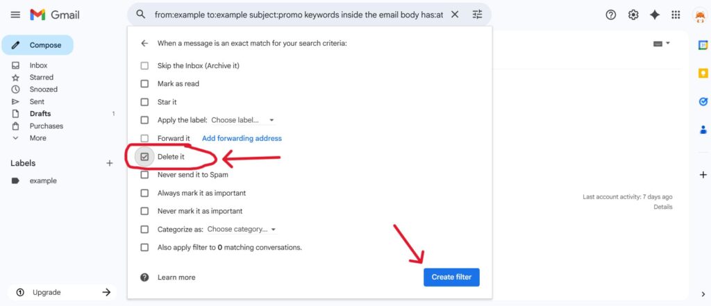 This is a screenshot of the fifht step in setting up filters to auto-delete emails in Gmail for the article How to Delete Old Emails in Gmail Automatically