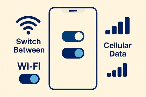 Infographic illustrating how to switch between Wi-Fi and cellular data on an iPhone to troubleshoot emails not downloading, showing connection toggles and network icons in a clean, minimal style.
