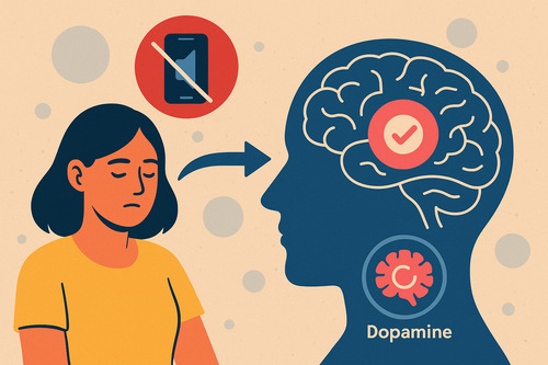 Illustration showing the impact of digital overload on dopamine and the brain’s reward system, featuring a person overwhelmed by notifications and a highlighted brain diagram.