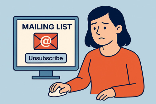 Illustration showing a woman receiving unwanted promotional emails after being added to mailing lists, explaining why am I getting so many spam emails and how mailing lists contribute to inbox overload.