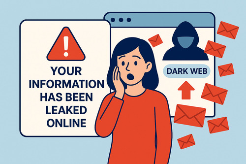 Illustration showing a woman reacting to a notice that her information has been leaked online, representing how data breaches cause people to get so many spam emails.
