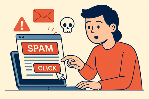 Illustration of a person accidentally interacting with a spam email, showing how clicking spam can cause a surge in unwanted messages and explain why am I getting so many spam emails.