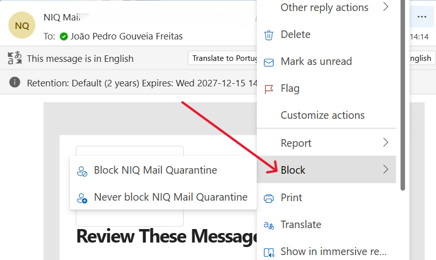 This is a screenshot of the second step on how to block a sender in outlook for the article How to Block Emails in Outlook and Stop Spam for Good