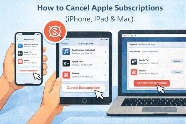 Illustration showing how to cancel Apple subscriptions on iPhone, iPad, and Mac, with the Cancel Subscription option highlighted on each device