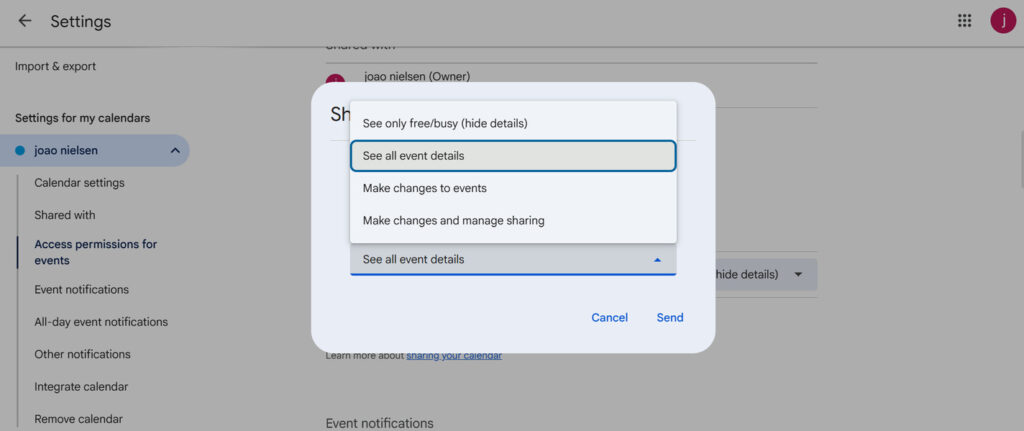 This is a screenshot of choosing the right permissions for sharing the google calendar 