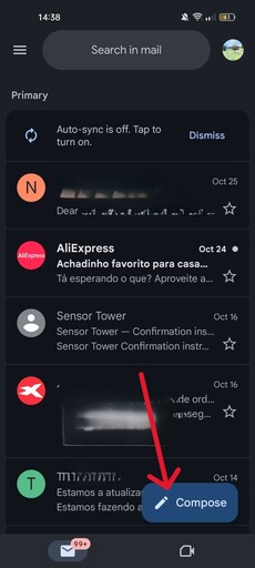 This screenshot shows the Compose button in the Gmail app on a mobile device.